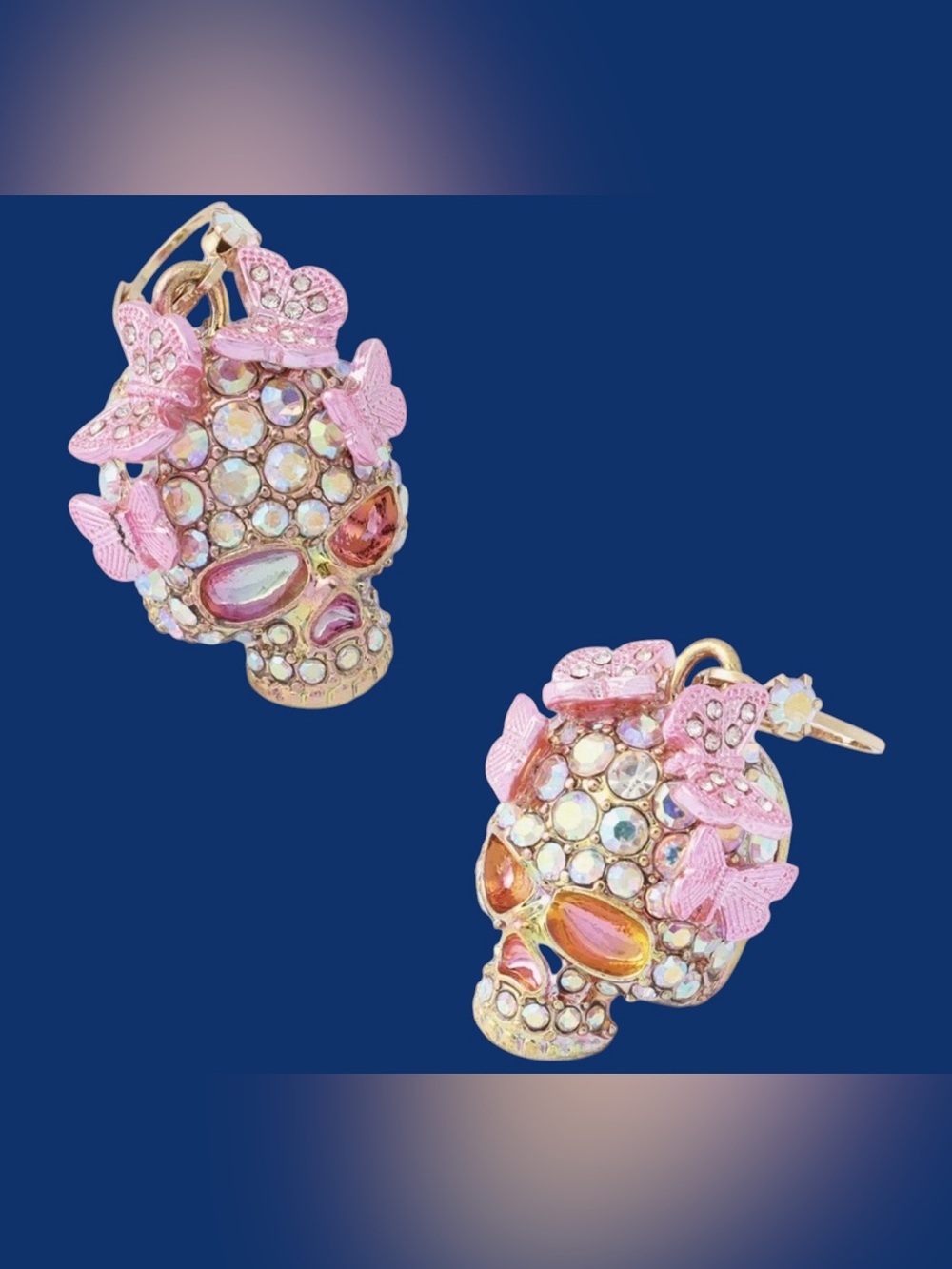 Betsey Johnson Pink Crystal Skull Drop Earrings - Gold Accents